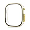 Close-up detail of electroplated dual-color PC and tempered glass protective watch case. - White with Gold Edge