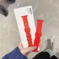 Detailed view of the red silicone braided sports watch band replacement accessory for smart watch. - 42mm/44mm/45mm/49mm / China Red
