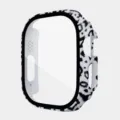 Cow Print PC Hard Watch Case with Tempered Glass Screen Protector for Apple Watch 49mm - 49MM Integrated Tempered Glass Case / White Leopard