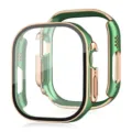 PC Bumper Schutzhülle mit gehärtetem Glas Displayschutz kompatibel mit Apple Watch Ultra grün - Grüne Basis mit Roségold Rand