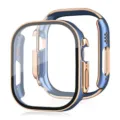 Galvanisiertes zweifarbiges PC- und Hartglas-Schutzgehaeuse fuer Apple Watch Ultra - Blaue Basis mit Roségold Rand
