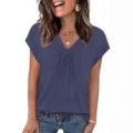 Vista detallada de la tela superior camisa manga corta cuello V liso mujer casual. - S / Tops / Azul marino