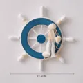 Decorazione murale timone nave in legno mediterraneo con conchiglie e pesci, 22.5cm - Stile Catena di Pesci Perla Bianca Tavola Blu