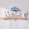 Mediterranean wooden Relax wall hanging decor with beach umbrella and fish for kids room. - Beach Chair Hanging Plaque / Dark Blue
