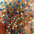 Stainless steel enamel bead chain colorful DIY jewelry making supply gold chain for necklace. - Gold Chain with Blue Mix Beads