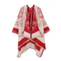 Women Red Floral Poncho Fall Winter Fringe Cape Casual Warm Open Front Shawl Outerwear - Tops / Red