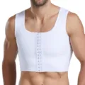 Detail view of white men's compression vest with front hook closures for body shaping support. - M / Tops / Hook-and-Eye Type / White