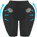 Detail view of black women butt lifting shapewear shorts showing shaping lines and fit. - S / Bottoms / Black