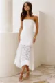 Detail view of white strapless lace paneled midi dress, elegant fashion look. - XS / Dresses / White