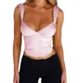 Detailed view of women pink V-neck satin camisole, slim fit ruched sleeveless top. - S / Tops / Pink