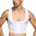 Men's white compression chest binder vest with front zipper shapewear closeup detail view. - M / Tops / Zipper Style / White