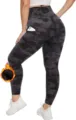 Vista dettagliata dei leggings a vita alta foderati in pile con tasca per calore invernale. - Nero Stampato