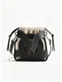 Black leather cutout canvas bucket bag detail, stylish women's casual crossbody bag. - Black