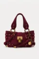 Y2K vintage suede motorcycle shoulder bag with metal studs, buckles, and padlock design. - L / Wine Red Suede