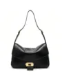 Detailed view of the black oil-wax leather shoulder bag with golden metallic lock buckle. - Black