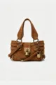Brown suede motorcycle shoulder bag with metal lock and studs Y2K style handbag. - L / Brown Suede