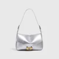 Silver metallic leather shoulder bag, trendy flap handbag with metal lock for women daily commuting. - Silver
