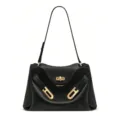 Black leather shoulder bag with metal lock detail elegant versatile commuter handbag - Black