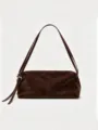 Dark brown faux suede shoulder bag for women, chic commuting underarm handbag with strap. - Coffee Suede
