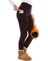 Caldi leggings termici invernali da donna vita alta con tasche felpati marrone scuro e comodi - Caffè