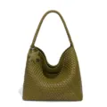 Grande borsa a spalla in pelle intrecciata verde oliva, shopper hobo casual con ciondolo. - Verde Grande