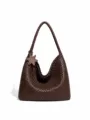 Brown woven leather shoulder bag with star charm, stylish handmade large capacity slouchy tote. - Coffee Large