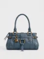 Vintage style blue leather shoulder handbag with metal padlock charm and rivets detail. - Blue