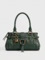 Y2K style large capacity women's handbag shoulder tote with lock and metal studs detail - Verdigris Green