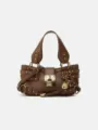 Sac bandoulière moto marron vintage avec cadenas en métal et clous chics pour femmes. - Brun Clair