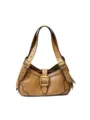 Retro brown leather motorcycle hobo bag for women, stylish buckle shoulder handbag. - Apricot