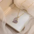Goldene Herz Halskette mit violettem Zirkonia Anhänger, elegante Damen Schlüsselbeinkette. - Gold Lila Doppelherz Stil (X1234-2)