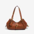 Stylish brown leather shoulder bag for women, trendy buckle motorcycle hobo handbag. - Brown