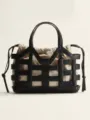 Black leather cage canvas drawstring bucket handbag retro chic minimalist daily shoulder bag - Black