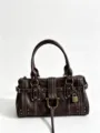 Sac à épaule en cuir marron Y2K pour femme, sac cabas rétro avec cadenas et rivets. - Café