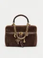 Brown suede vanity cosmetic bag with gold chain strap and charms. Stylish design. - Coffee Suede