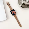 Detail closeup shot of premium khaki leather watch band featuring a rose gold buckle. - 38mm/40mm/41mm / Bronze