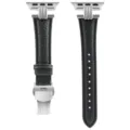 Black leather watch strap compatible with Apple Watch, featuring a secure metal folding clasp. - Black Silver Clasp