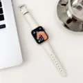 Retro white leather smart watch strap with metal crown buckle, elegant slim design for daily wear. - White
