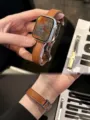 Slim brown leather watch strap with folding clasp compatible with Apple Watch Series SE. - 38mm/40mm/41mm / Brown