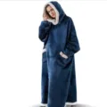 Oversized wearable blanket hoodie detail, long fleece TV blanket robe with pockets. - One Size / Robe / Blue
