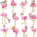 Cute flamingo embroidery patches pink bird appliques for clothing bags iron on DIY badges - Style C25LN-88-YT / Set of 12