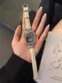 Luxury rhinestone crocodile pattern leather strap for Apple Watch with elegant metal connectors - Off-White Silver Buckle + Silver Rhinestone Case