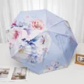 Parapluie pliant bleu clair à fleurs impression double protection UV été femme joli. - Style florissant automatique / Bleu