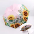 Pink double layer folding sun umbrella with beautiful sunflower print for outdoor UV protection. - Sunflower / Pink
