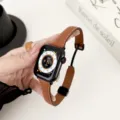 Detailed view of slim leather watch strap with magnetic buckle compatible with Apple Watch. - 38/40/41/42mm Universal / Brown