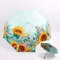 Sunflower print double layer sun umbrella, UV protection and rain gear for women summer. - Sunflower / Green