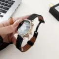 Replacement leather watch strap with magnetic folding buckle for smartwatches, elegant design. - Black