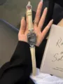 Replacement leather strap for Apple Watch with elegant rhinestone metal connectors. - Off-white Silver Buckle