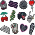 Set of embroidered patches featuring skulls, panther, snake, and funny quote designs. - Halloween Novelty Set (158-YT) / Set of 12