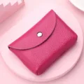 Mini monedero de cuero genuino para mujer, cartera tarjetero de piel suave con botón. - De una capa / Rosa rojo